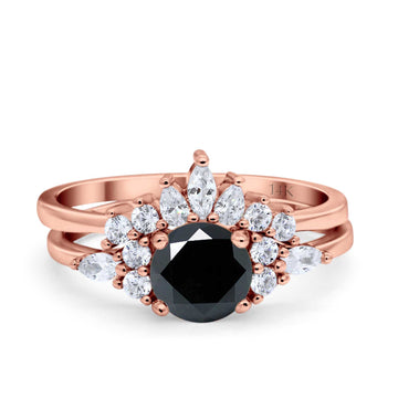 14K Rose Gold Two Piece Round Bridal Set Ring Wedding Engagement Band Simulated Black CZ Size 7
